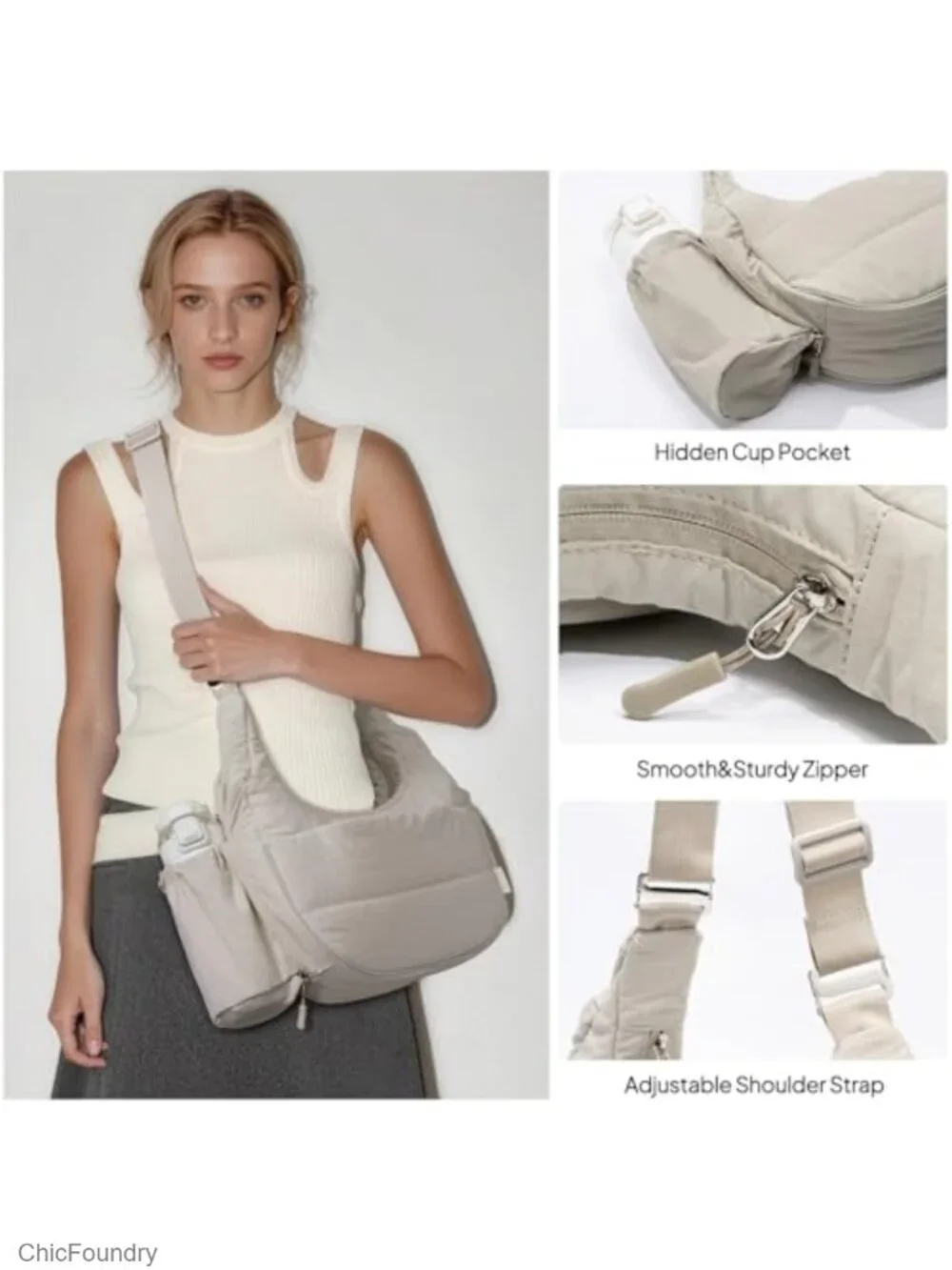 Puffer Crossbody Bag for Women with Water Bottle Holder, 7L Multi-Pocket Travel